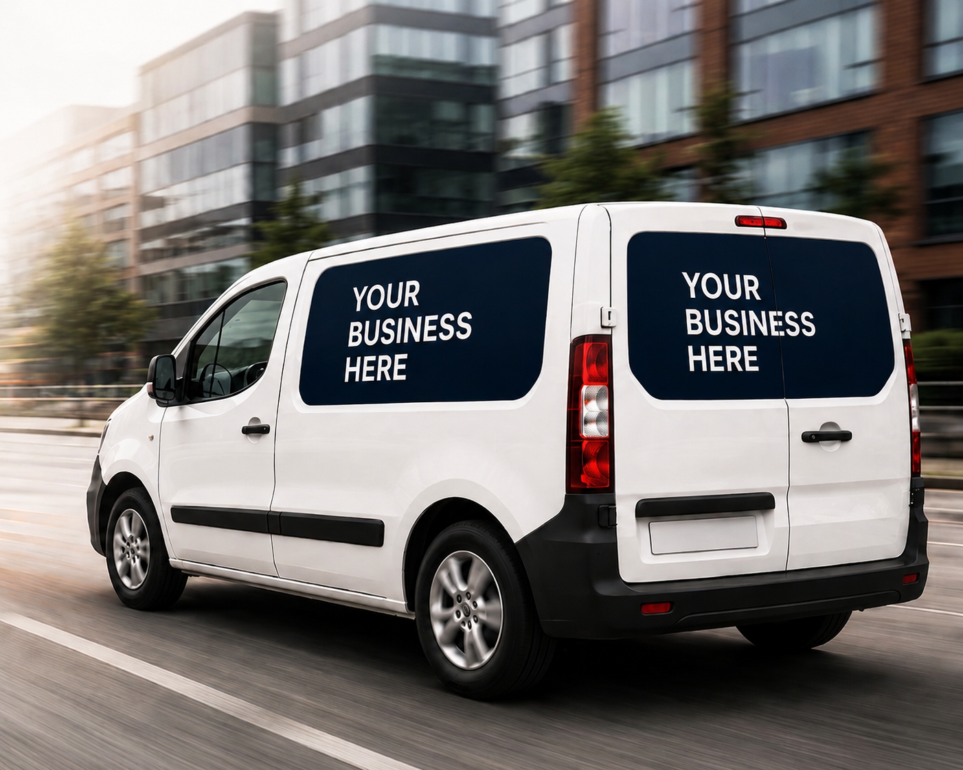 White van with magnetic signs saying your business here